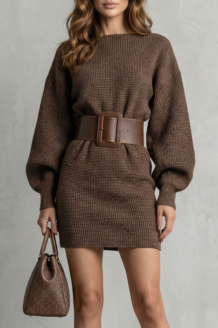 Aderisse Structured Knit Belted Mini Dress