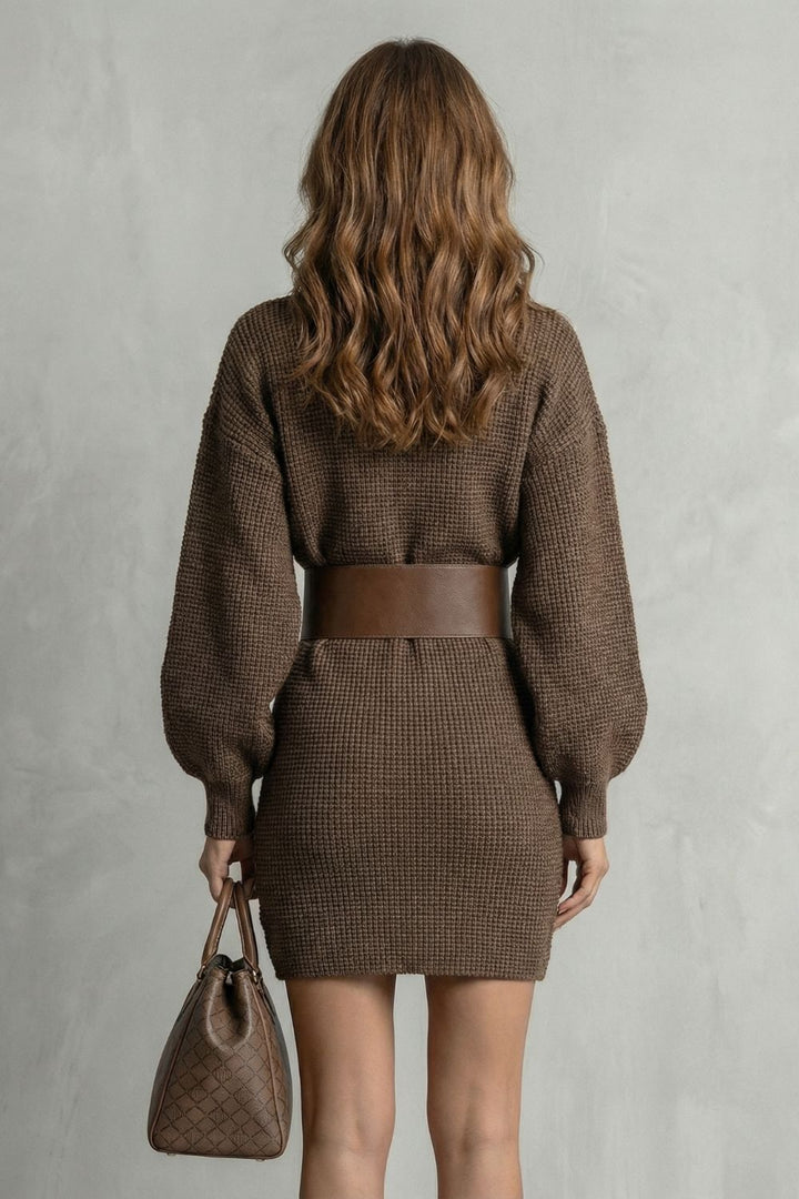 Aderisse Structured Knit Belted Mini Dress