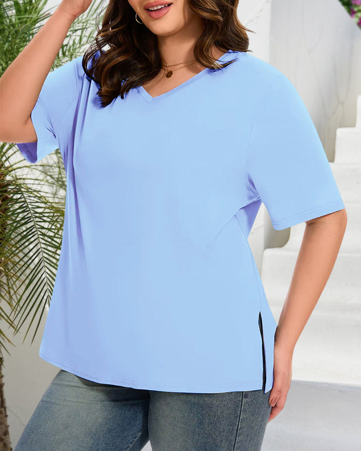 Longer Sleeve Plus Size V-Neck T-Shirt — Covers Your Arms &amp; Hides Your Belly