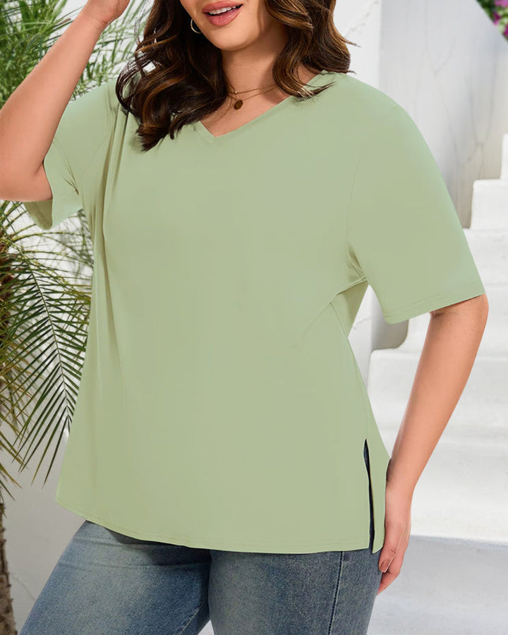 Longer Sleeve Plus Size V-Neck T-Shirt — Covers Your Arms &amp; Hides Your Belly