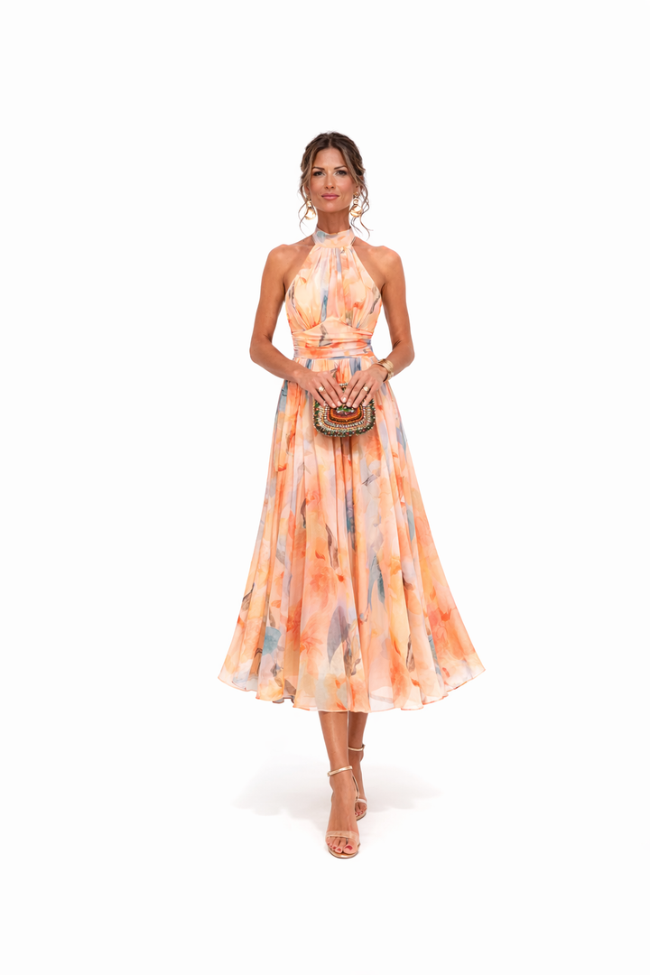 Aurora | Watercolour Print Halter Maxi Dress