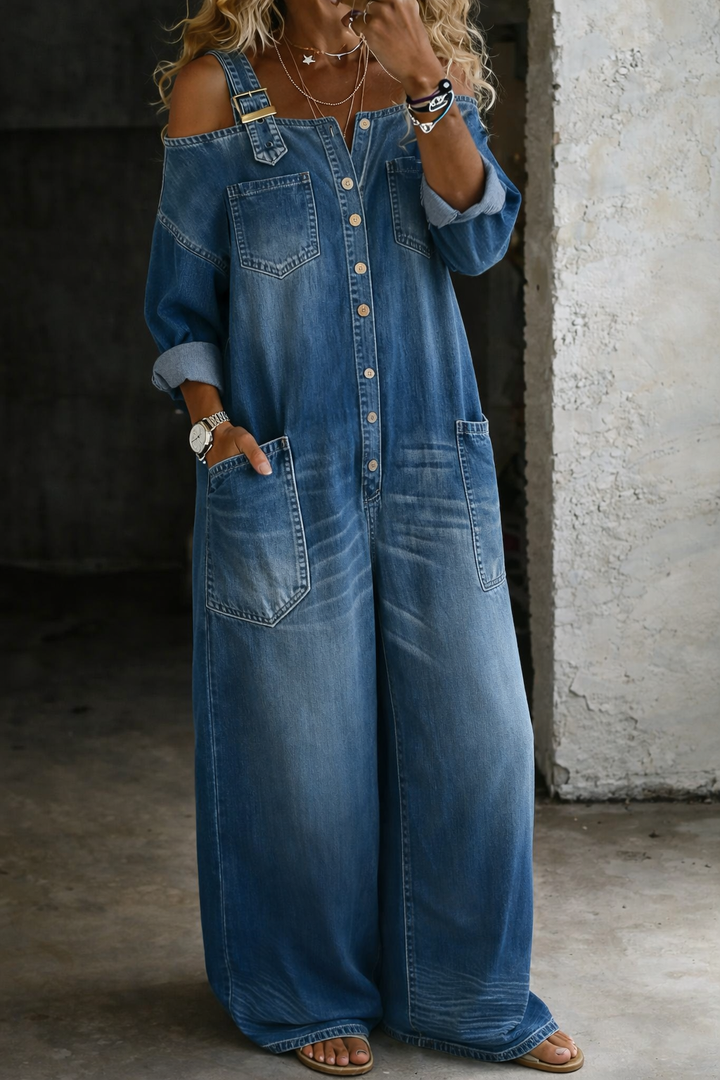 Sophia | Off-the-Shoulder Denim Dungarees