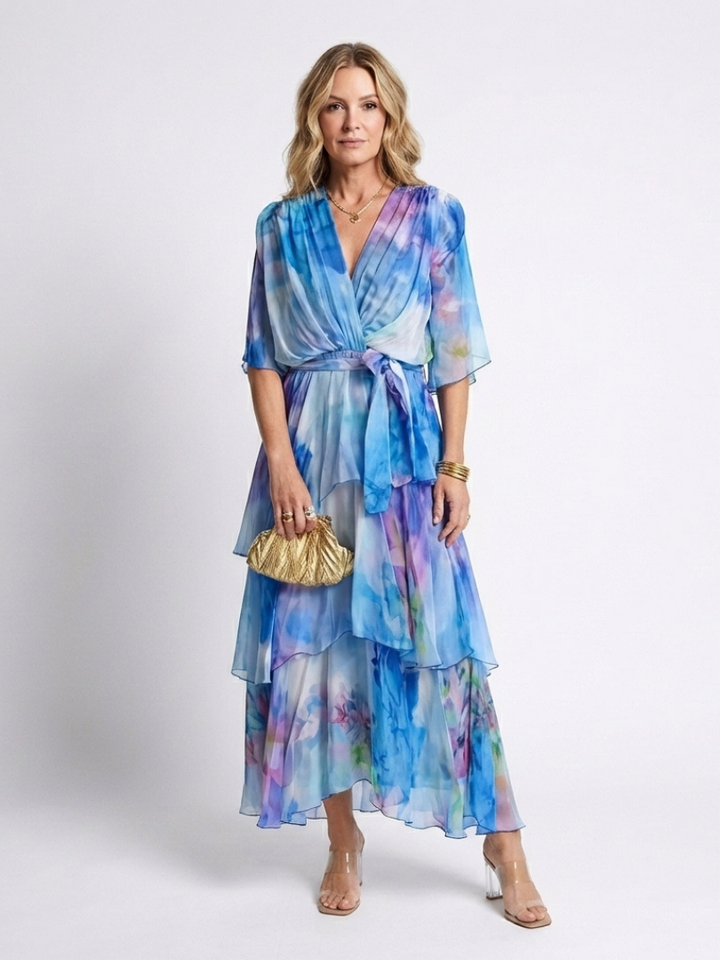 Calista - Sheer Layered V Neck Tie Waist Maxi Dress