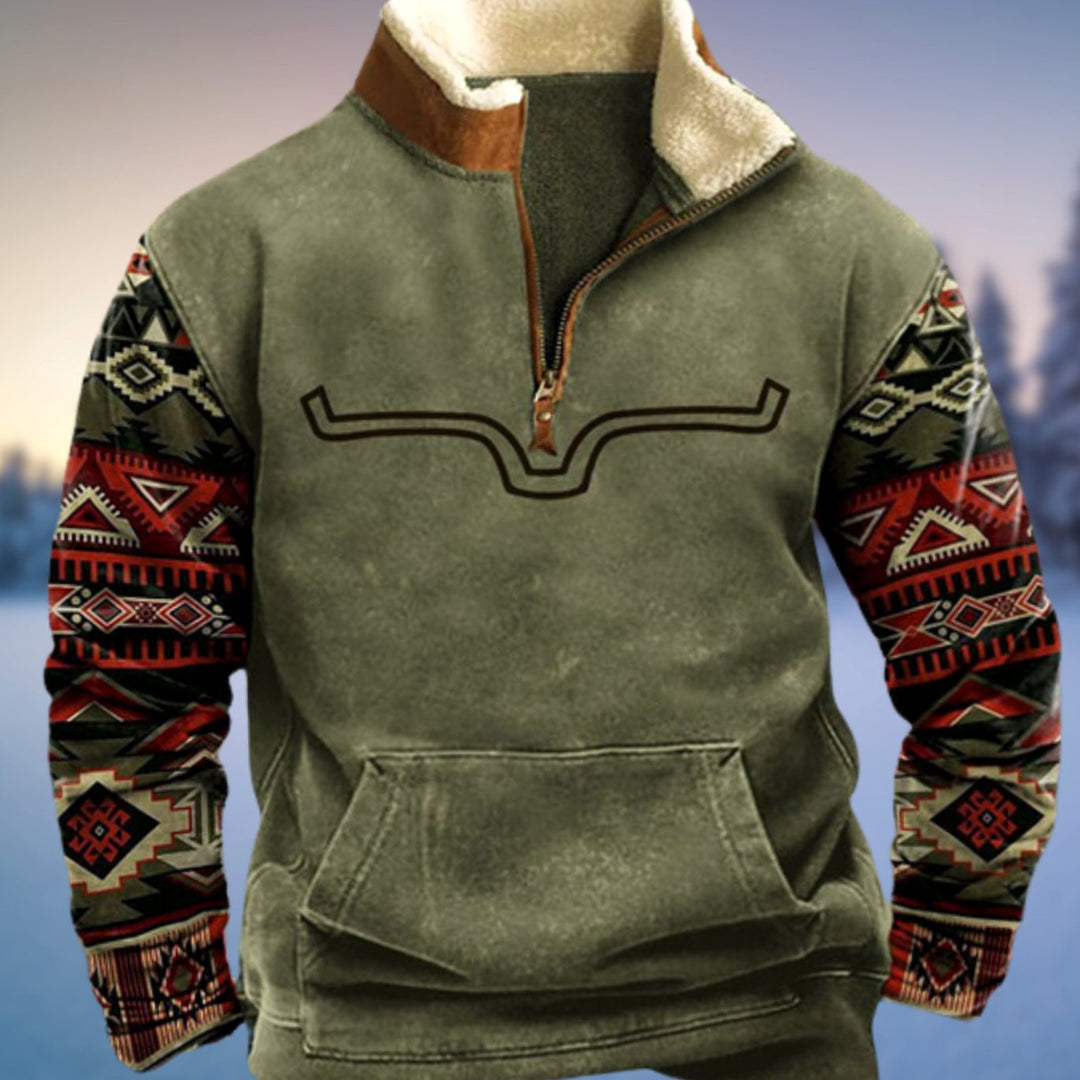 Men's Aztec-Sleeve Fleece-Lined Quarter-Zip Pullover Jumper - Style 1