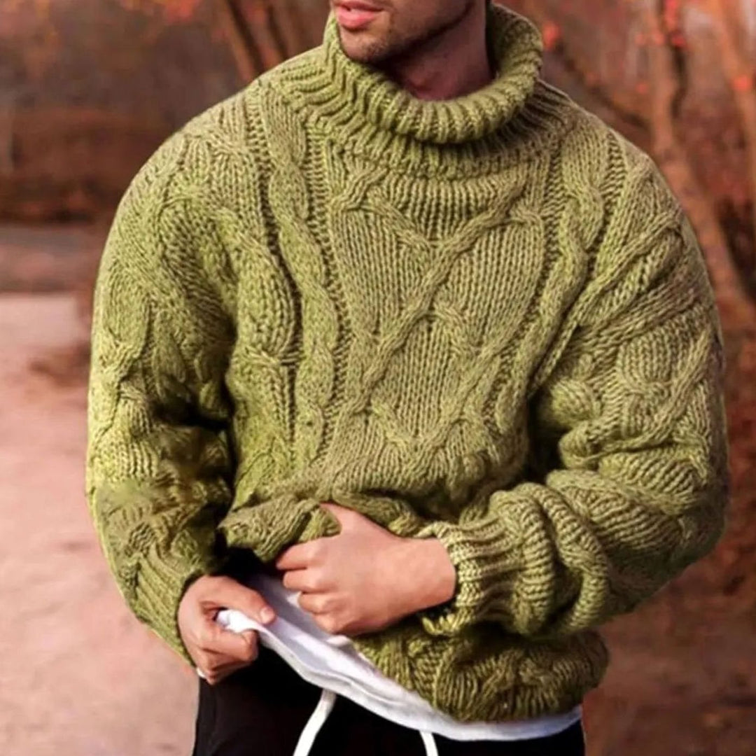 Men's Chunky Cable-Knit Turtleneck Jumper for Winter - Green