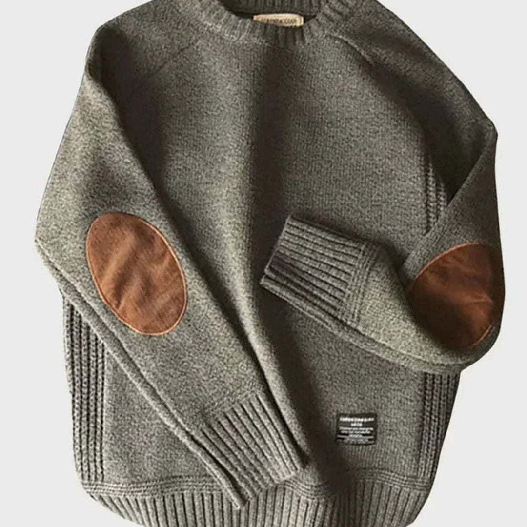 Men's Classic Crew-Neck Knit Jumper Elbow-Patch Winter Pullover - Grey