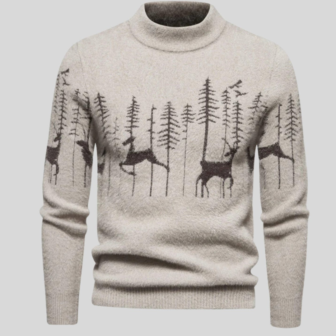 Men's Festive Reindeer Forest-Print Mock-Neck Knit Jumper - Beige