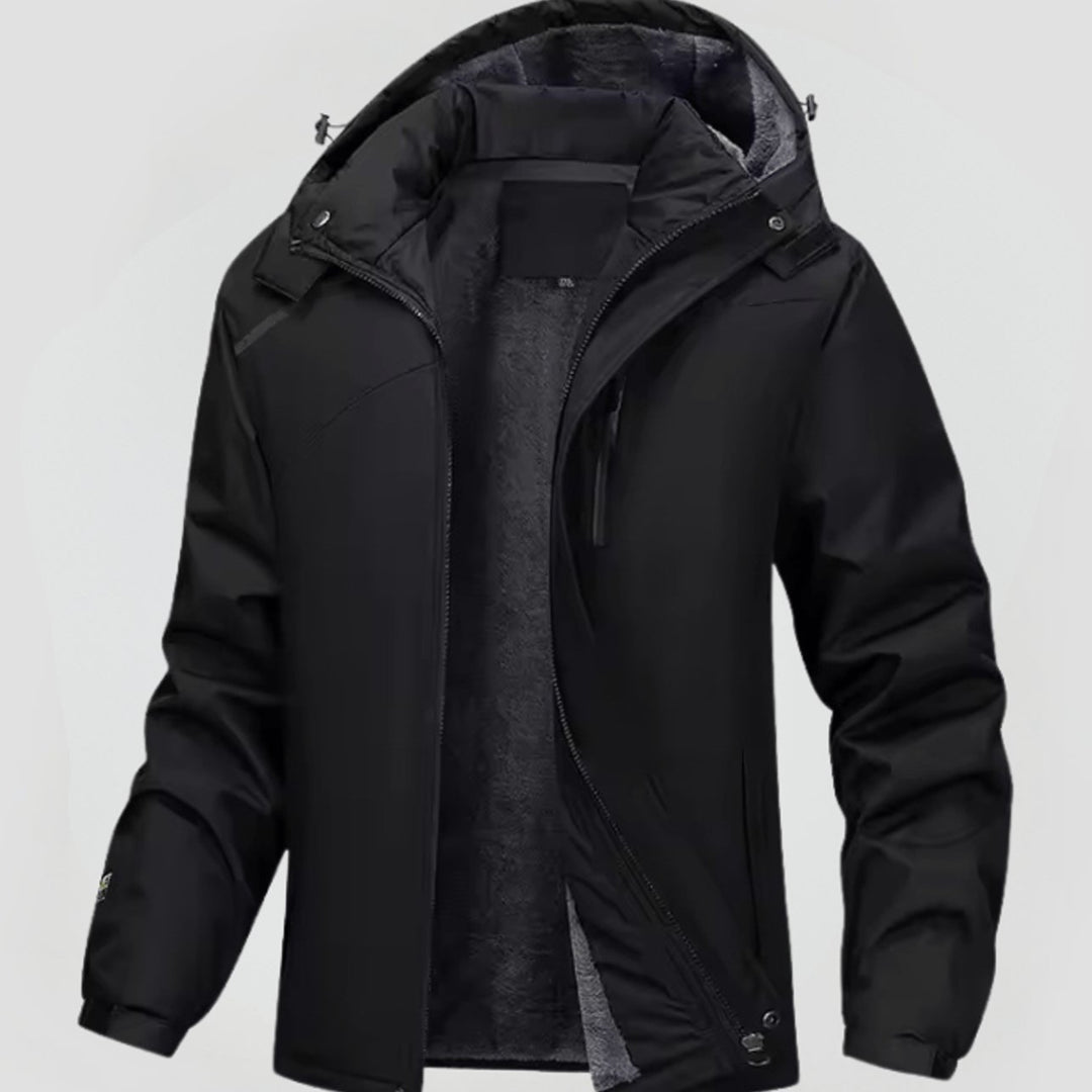 Men's Fleece-Lined Hooded Zip-Up Winter Jacket - Black