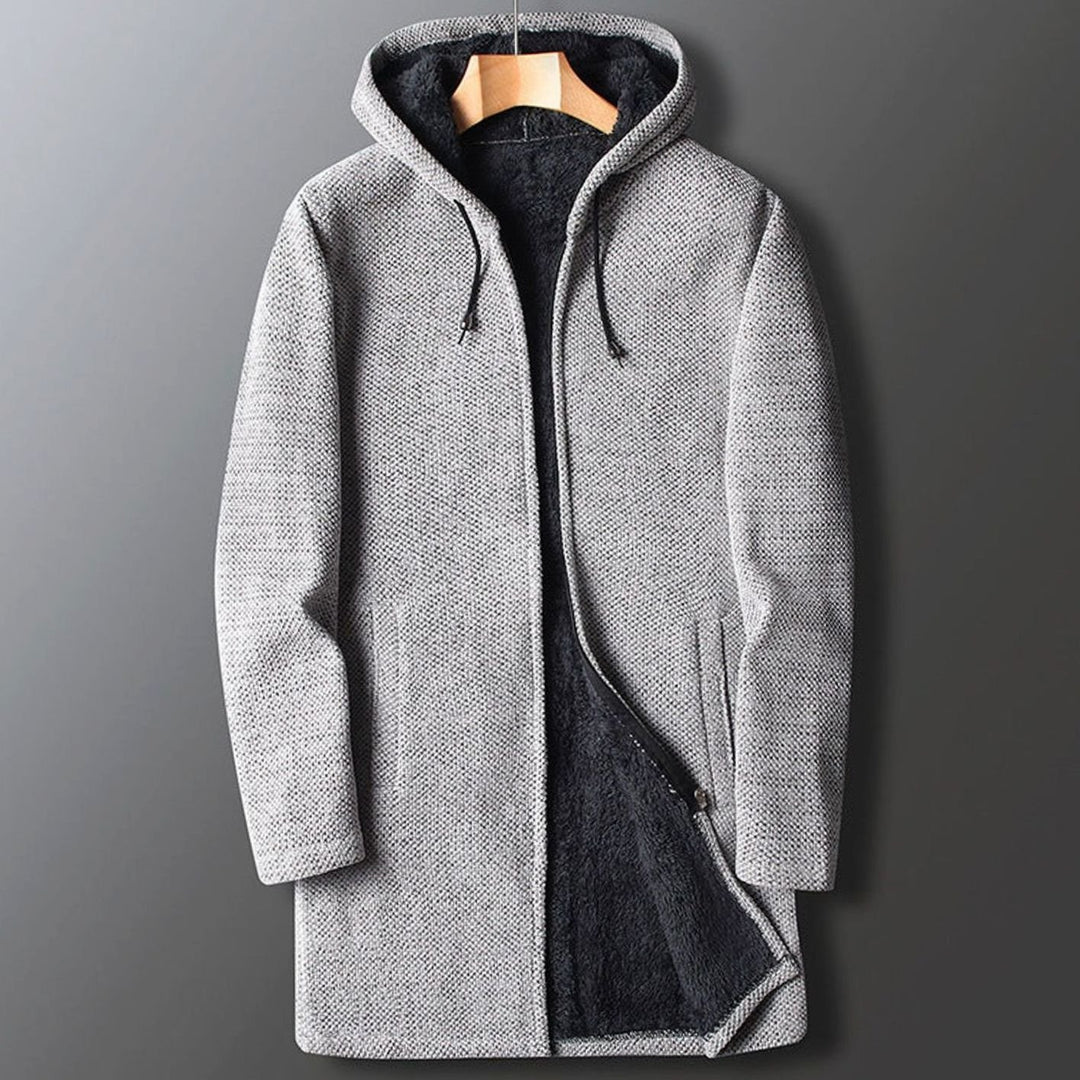 Men's Fleece-Lined Long Hooded Coat Drawstring Knit Overcoat - Light Grey