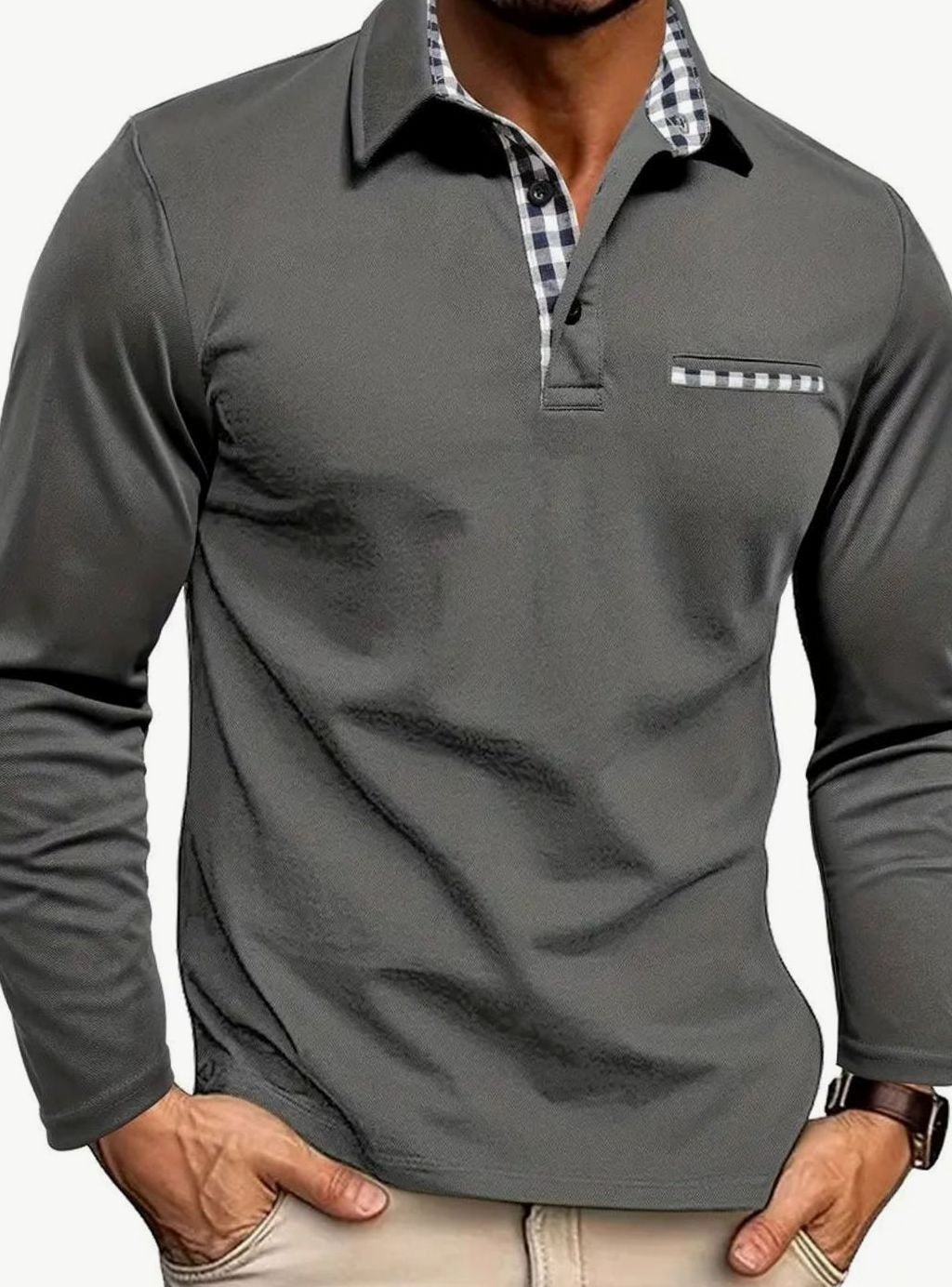 Men's Long-Sleeve Checked-Collar Polo Shirt - Grey