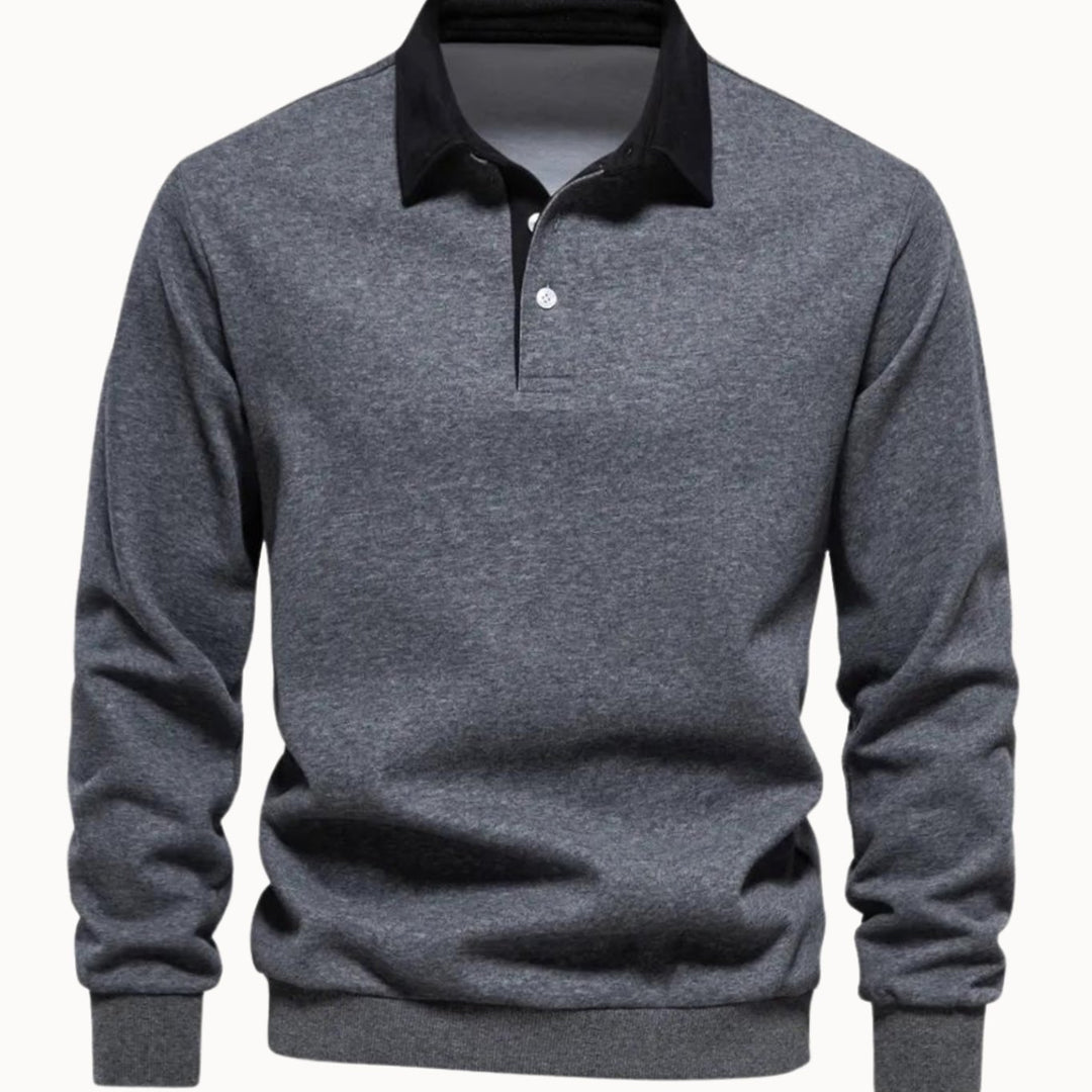 Men's Long-Sleeve Polo-Collar Contrast Sweatshirt - Grey