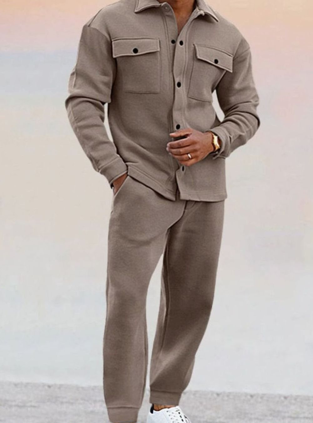 Men's Relaxed-Fit Buttoned Shacket Jogger Two-Piece Set - Khaki