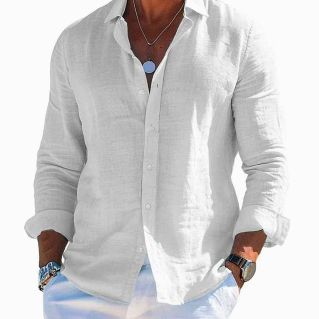 Men's Relaxed-Fit Long-Sleeve Button-Up Linen Shirt - White