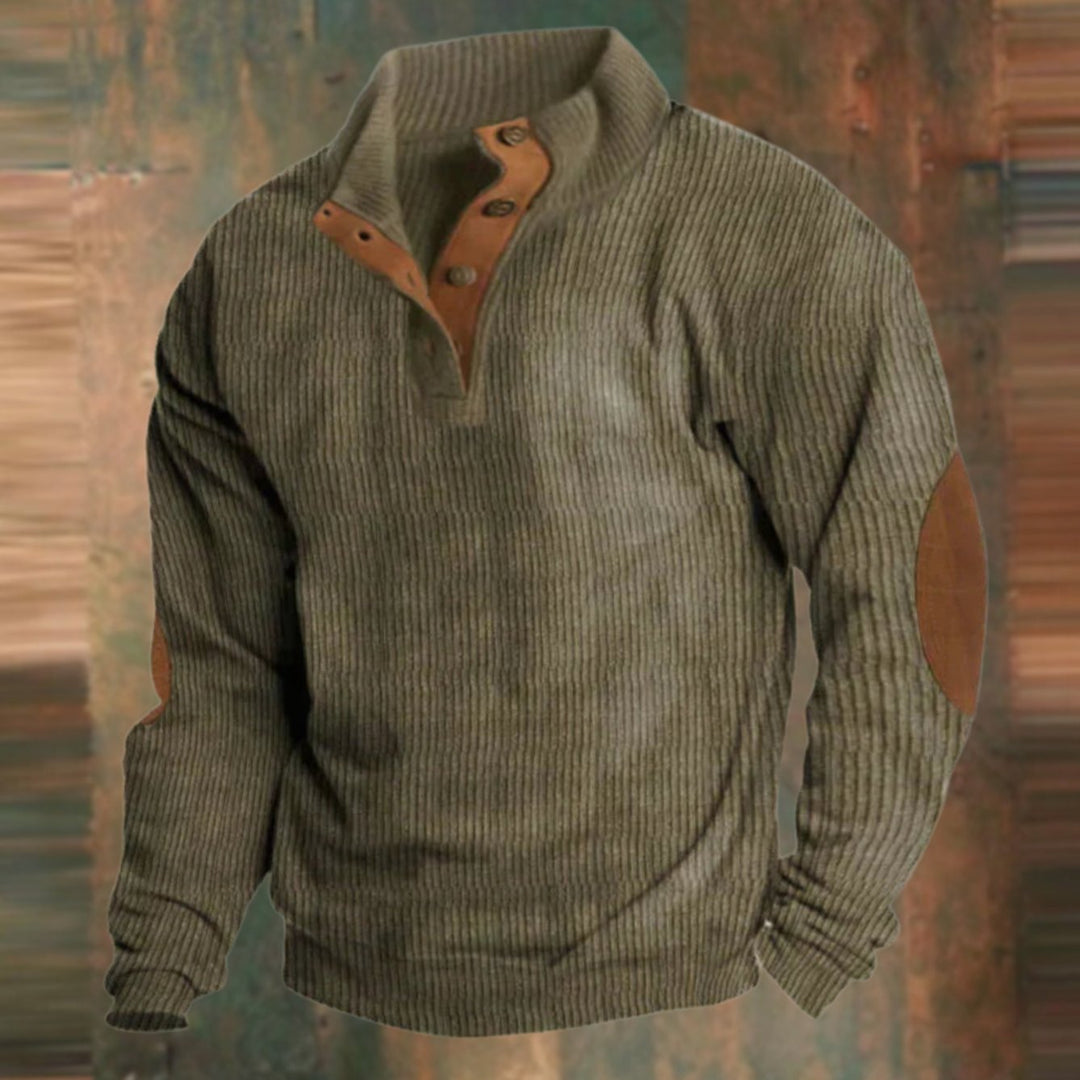 Men's Ribbed Button-Collar Jumper Suede Elbow Patch Pullover - Green