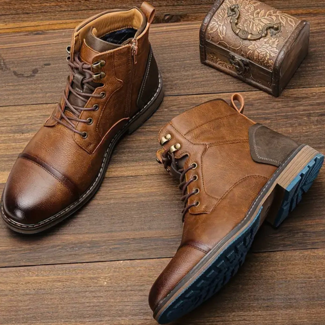 Men's Round-Toe Lace-Up Leather Ankle Boots - Brown