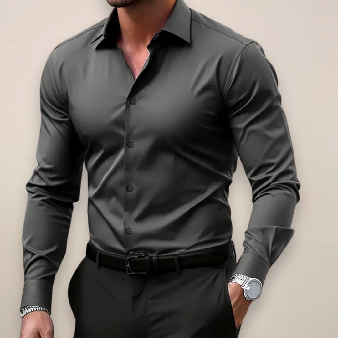 Men's Slim-Fit Long-Sleeve Button-Up Smart Casual Shirt - Dark Grey