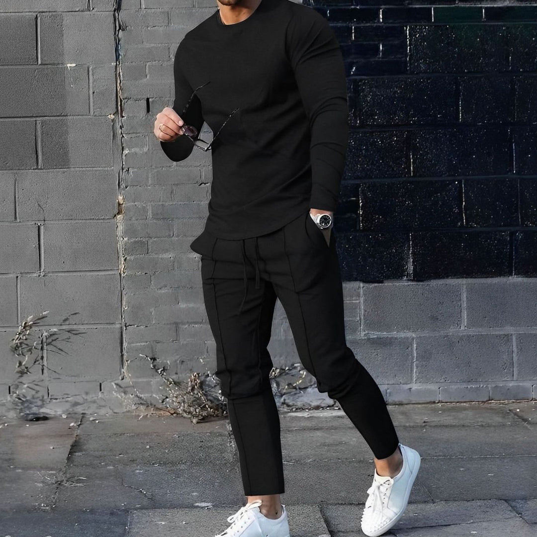 Men's Slim-Fit Long-Sleeve Jogger Two-Piece Outfit Set - Black