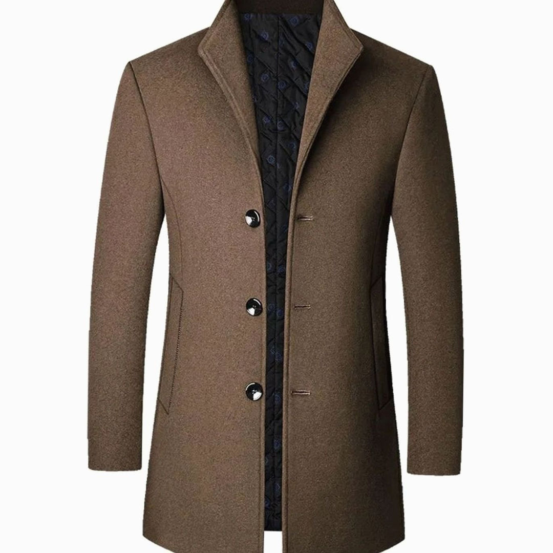 Men's Tailored Single-Breasted Long Overcoat Standing Collar - Brown