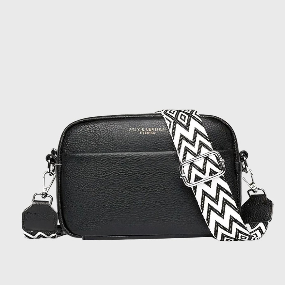 Women's Black Leather Crossbody Shoulder Bag Patterned Strap - Black