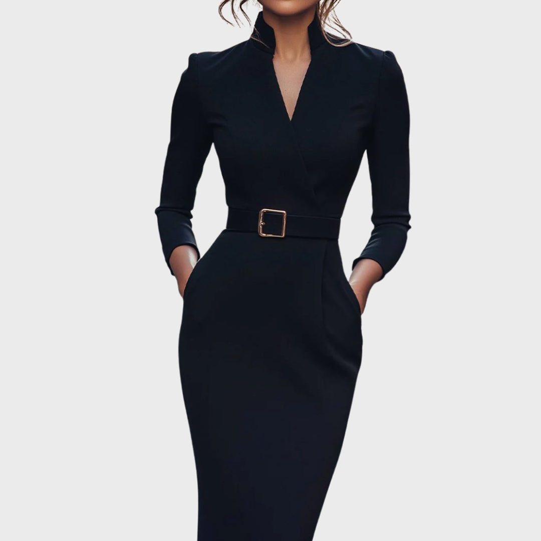 Women's Black Midi Dress V-Neck Three-Quarter Sleeve Belted Pencil