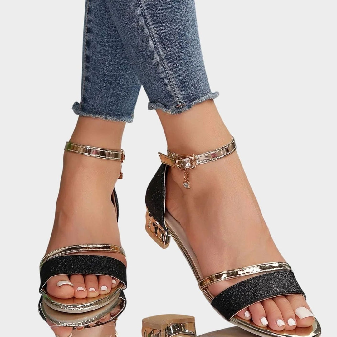 Women's Block Heel Sandals Gold-Trim Ankle Strap Glitter
