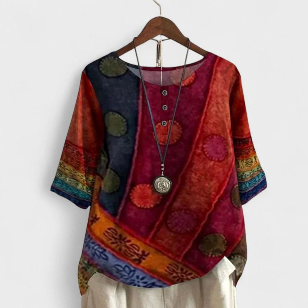 Women's Bohemian Patchwork-Print Short-Sleeve Summer Top - Red