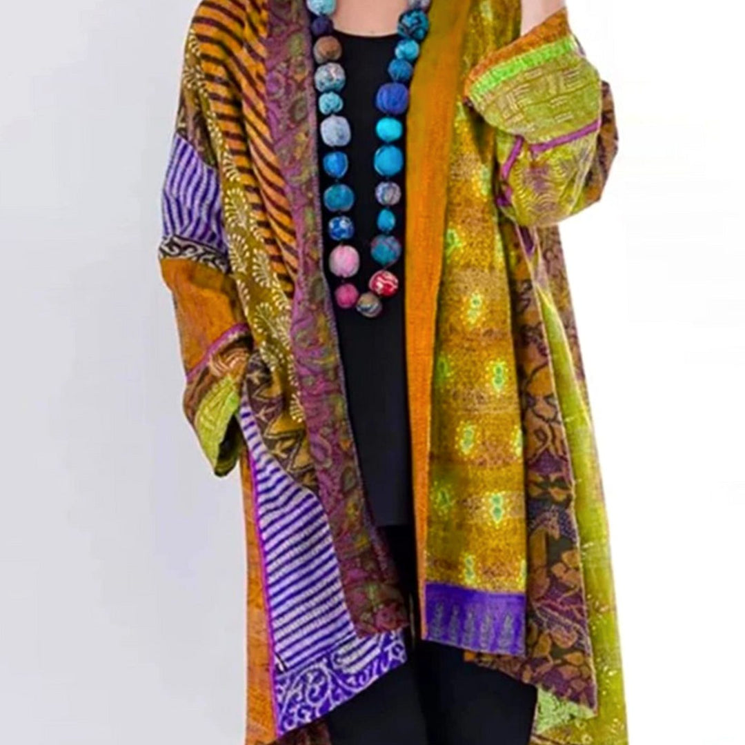 Women's Boho Duster-Length Open-Front Patchwork Cardigan - Yellow