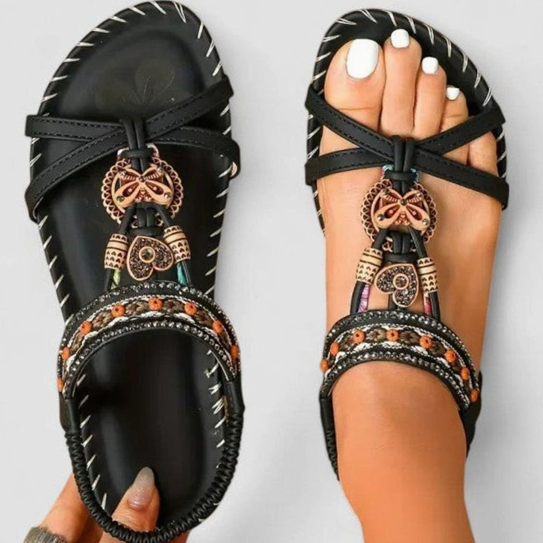 Women's Boho Orthopaedic Flat Sandals Beaded Ankle Strap - Graphite Black