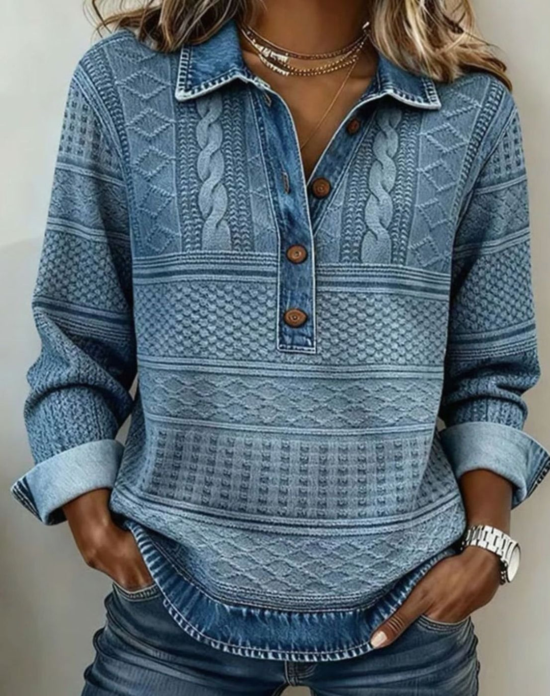 Women's Cable-Knit Textured Half-Button Collar Sweatshirt - Blue