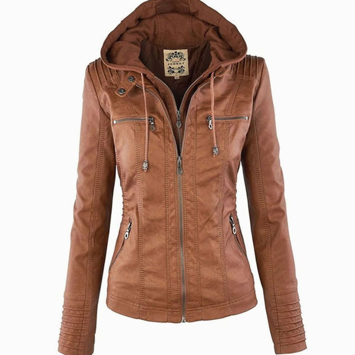 Womens Casual Slim-Fit Hooded Faux Leather Biker Jacket - Khaki
