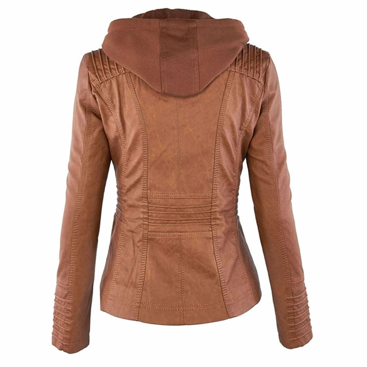 Womens Casual Slim-Fit Hooded Faux Leather Biker Jacket