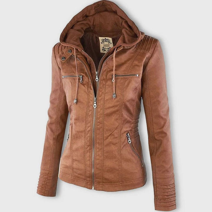 Womens Casual Slim-Fit Hooded Faux Leather Biker Jacket