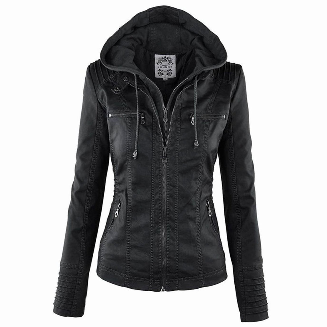 Womens Casual Slim-Fit Hooded Faux Leather Biker Jacket - Black