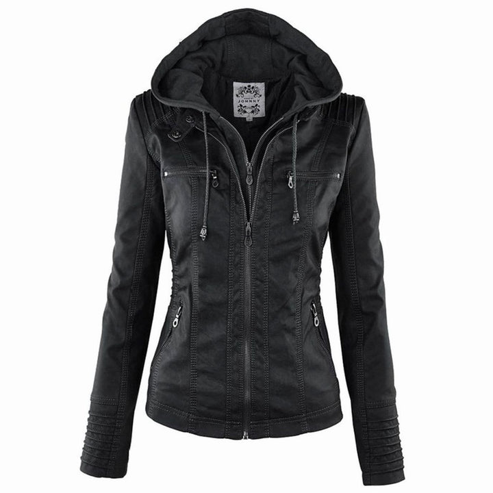Womens Casual Slim-Fit Hooded Faux Leather Biker Jacket - Black