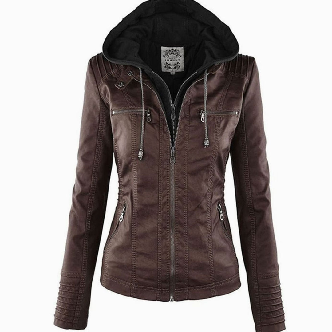Womens Casual Slim-Fit Hooded Faux Leather Biker Jacket - Brown