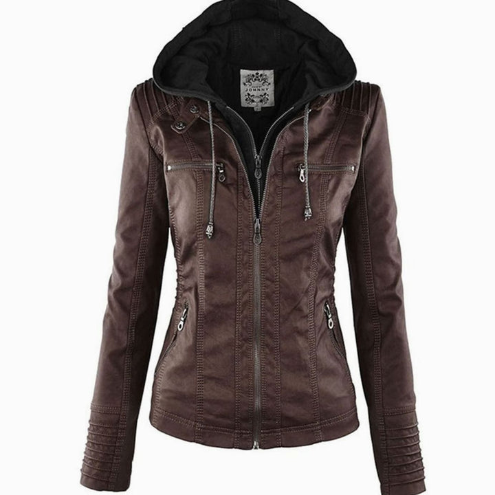 Womens Casual Slim-Fit Hooded Faux Leather Biker Jacket - Brown