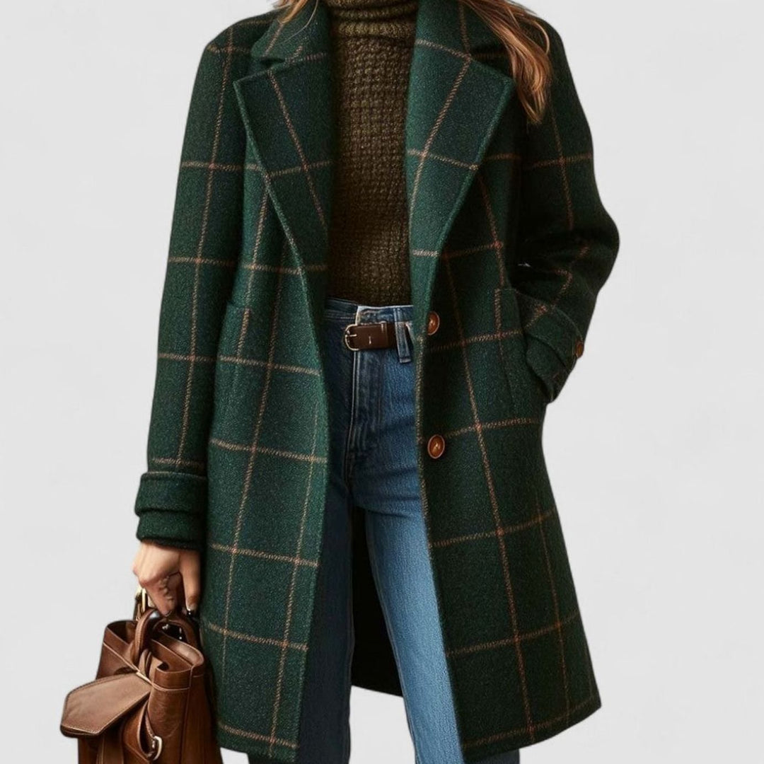 Women's Checked Button-Front Longline Wool-Blend Coat - Dark Green