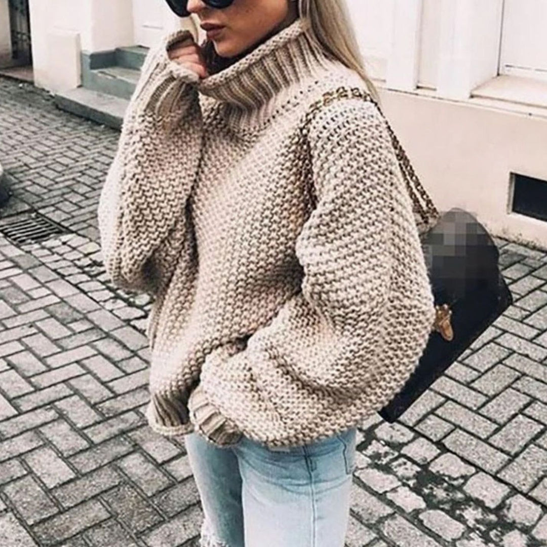 Women's Chunky Knit Oversized Turtleneck Sweater Roll Neck Jumper - Khaki