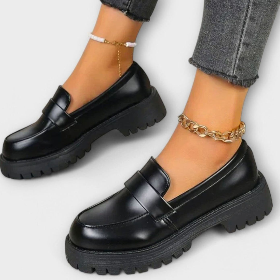 Women's Chunky Platform Penny Loafers Slip-On Shoes - Black