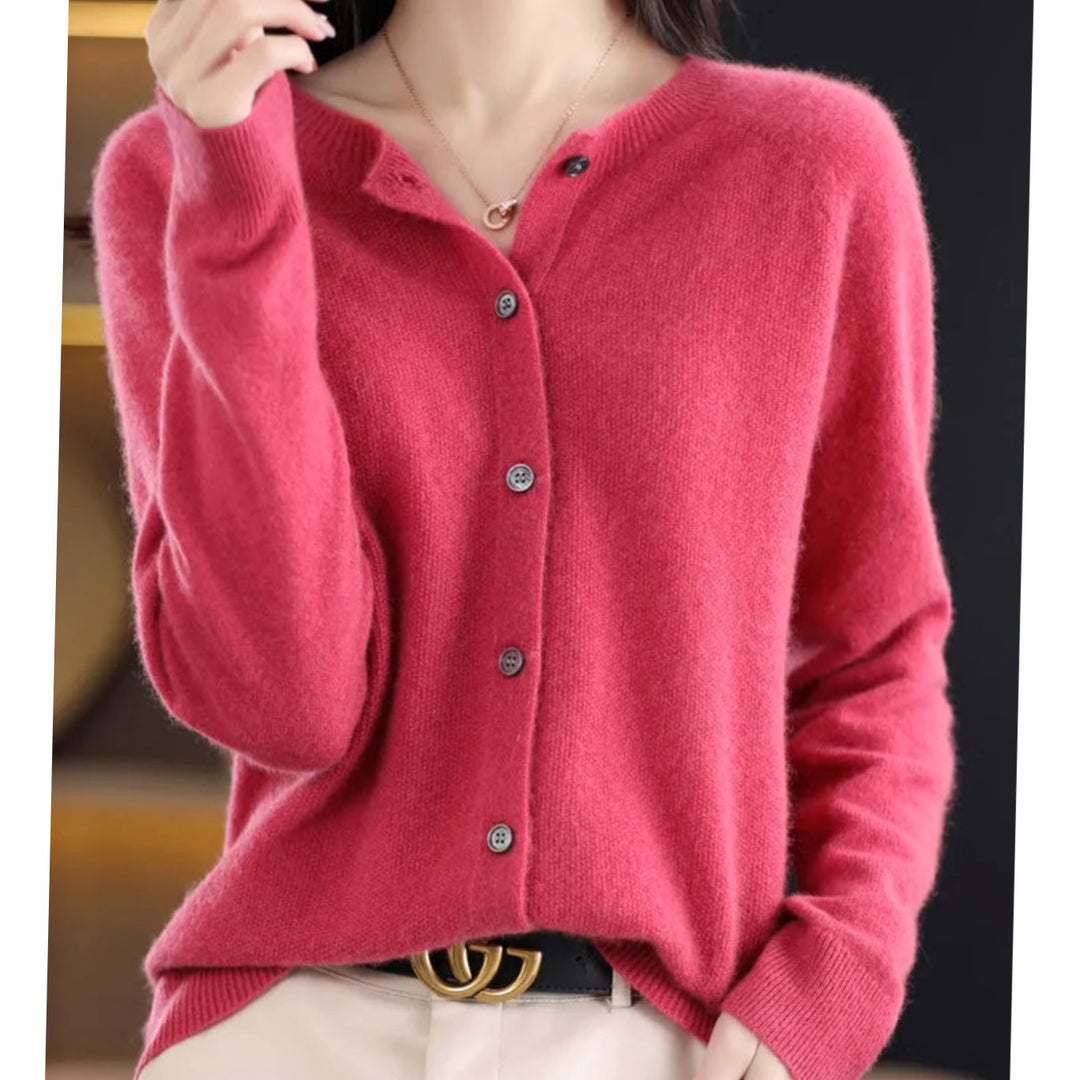 Women's Classic Button Merino Wool Long Sleeve Cardigan Jumper - Dark Pink