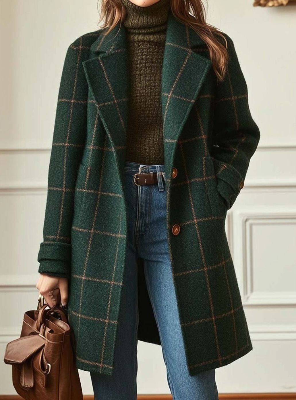 Women's Classic Checked Wool-Blend Button-Up Longline Coat - Green
