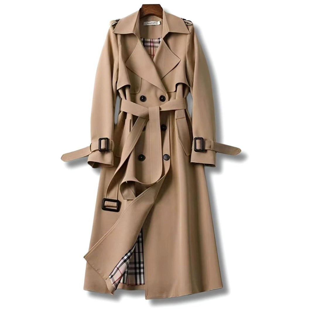 Women's Classic Double-Breasted Belted Winter Trench Coat - Khaki