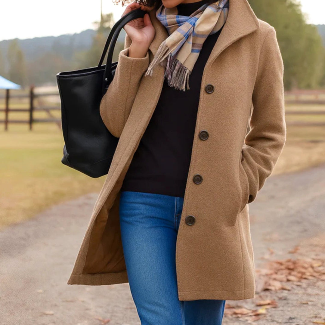 Women's Classic Single-Breasted Button-Front Winter Coat - Khaki