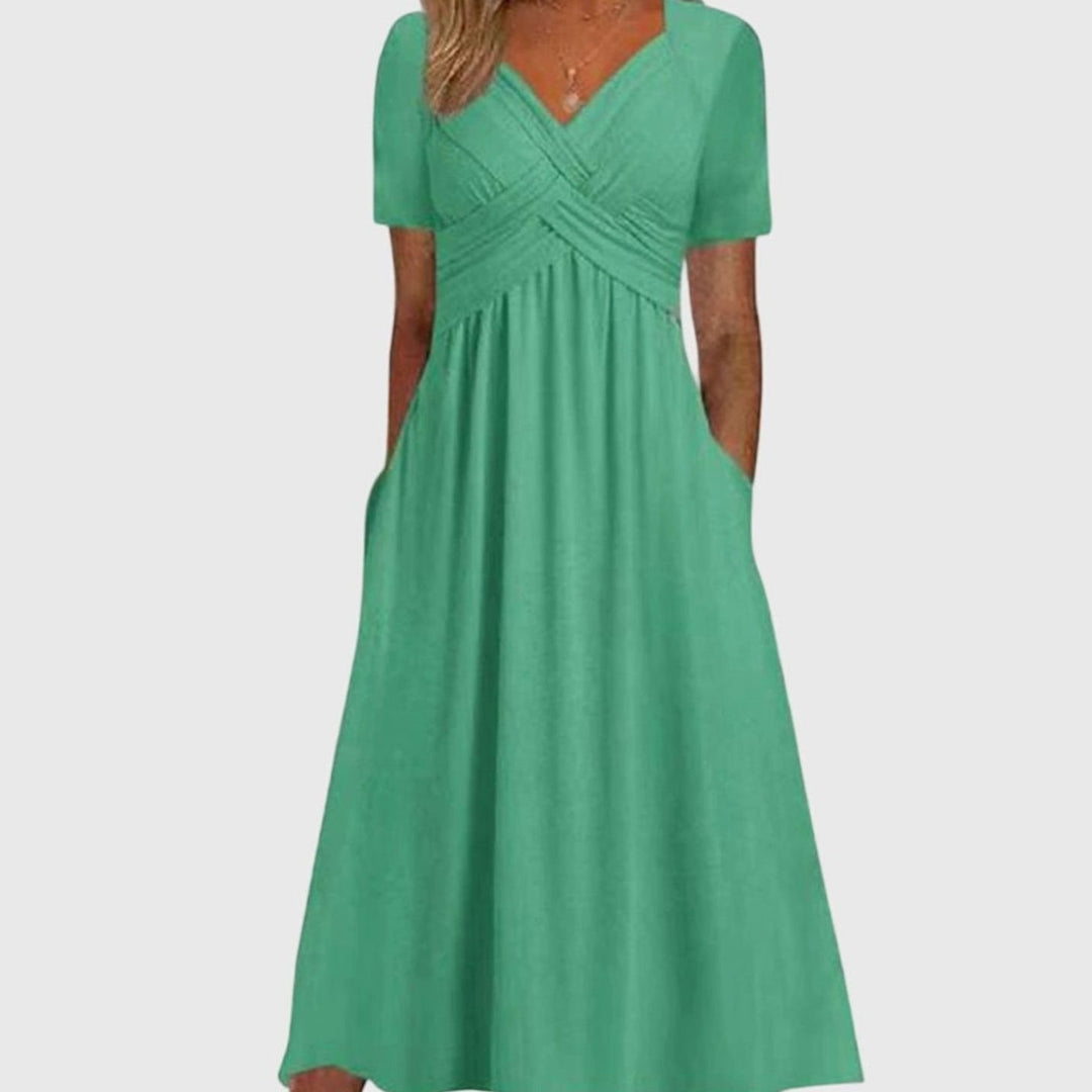 Women's Cross-Front V-Neck Short-Sleeve Midi Swing Dress - Green