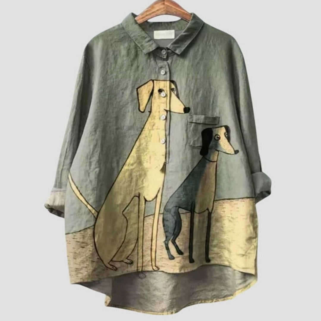 Women's Dog Print Three-Quarter Sleeve Linen Blouse - Dog 3