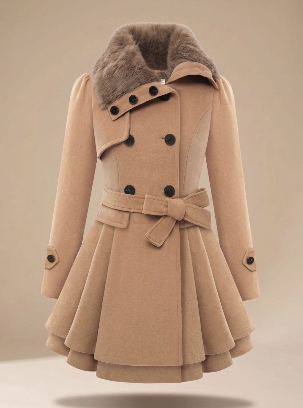 Women's Double-Breasted Faux Fur Collar Belted Flared Wool-Blend Coat - Beige