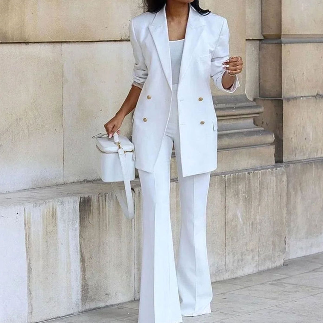 Women's Double-Breasted Flared Trouser Suit Set - White