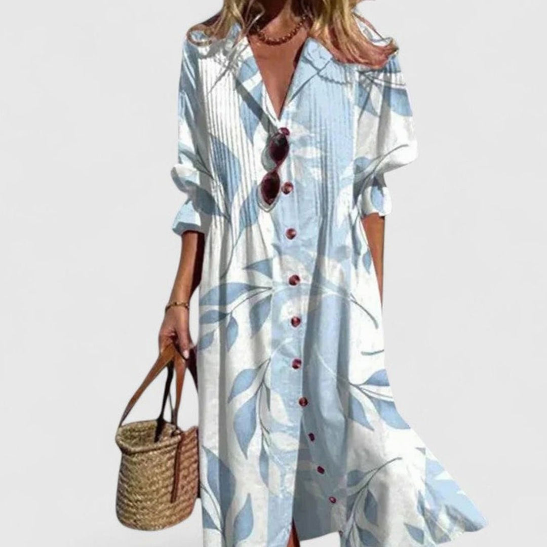 Women's Elegant Boho Formal Midi Shirt Dress Leaf Print - Sky Blue