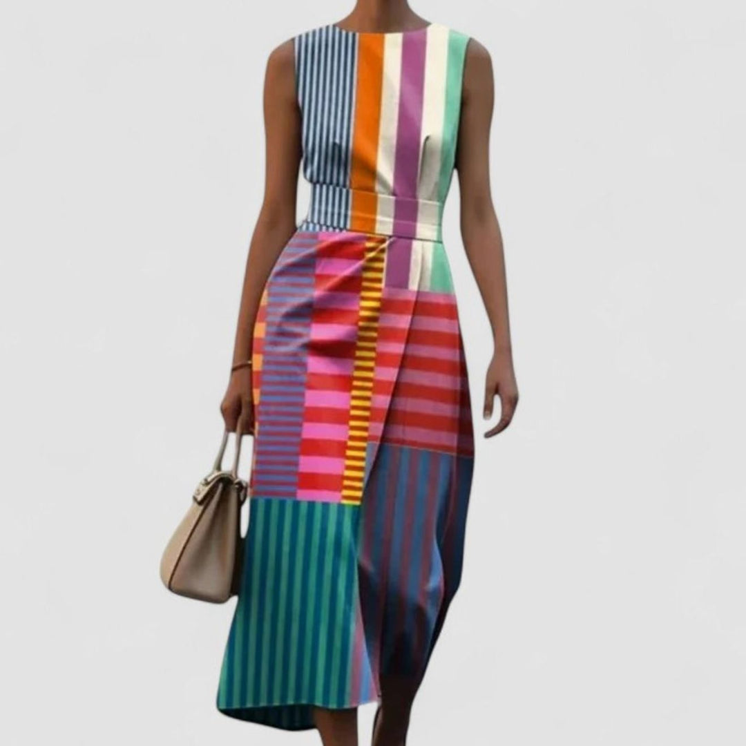 Women's Elegant Colourblock Striped Sleeveless Midi Dress - Multi-Coloured
