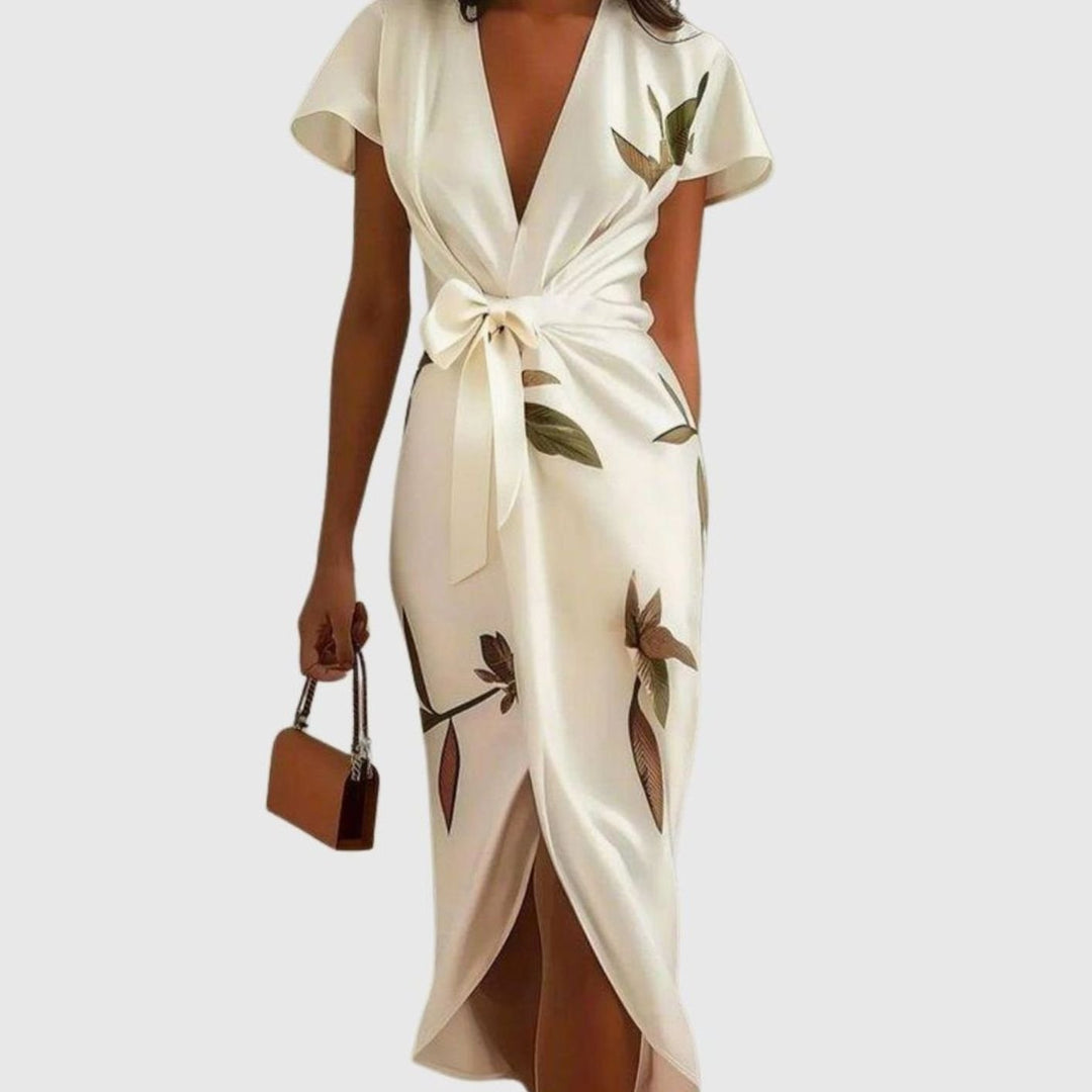 Women's Elegant Formal Wrap Dress Flutter-Sleeve Leaf-Print Midi